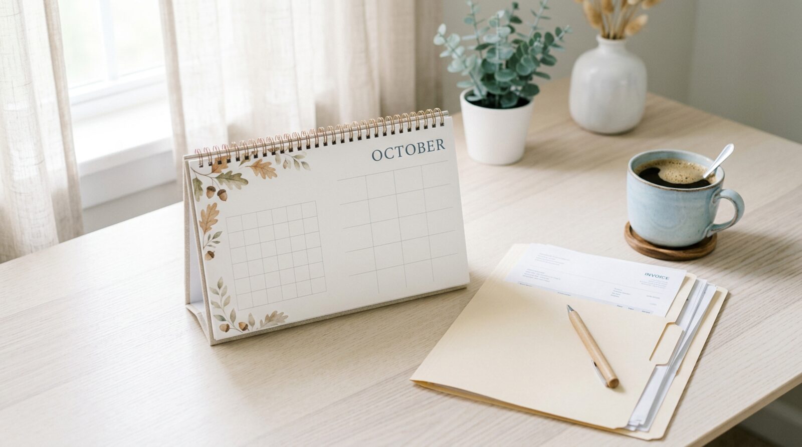 Calendario de mesa abierto en octubre junto a una carpeta de facturas y una taza de café sobre un escritorio claro
