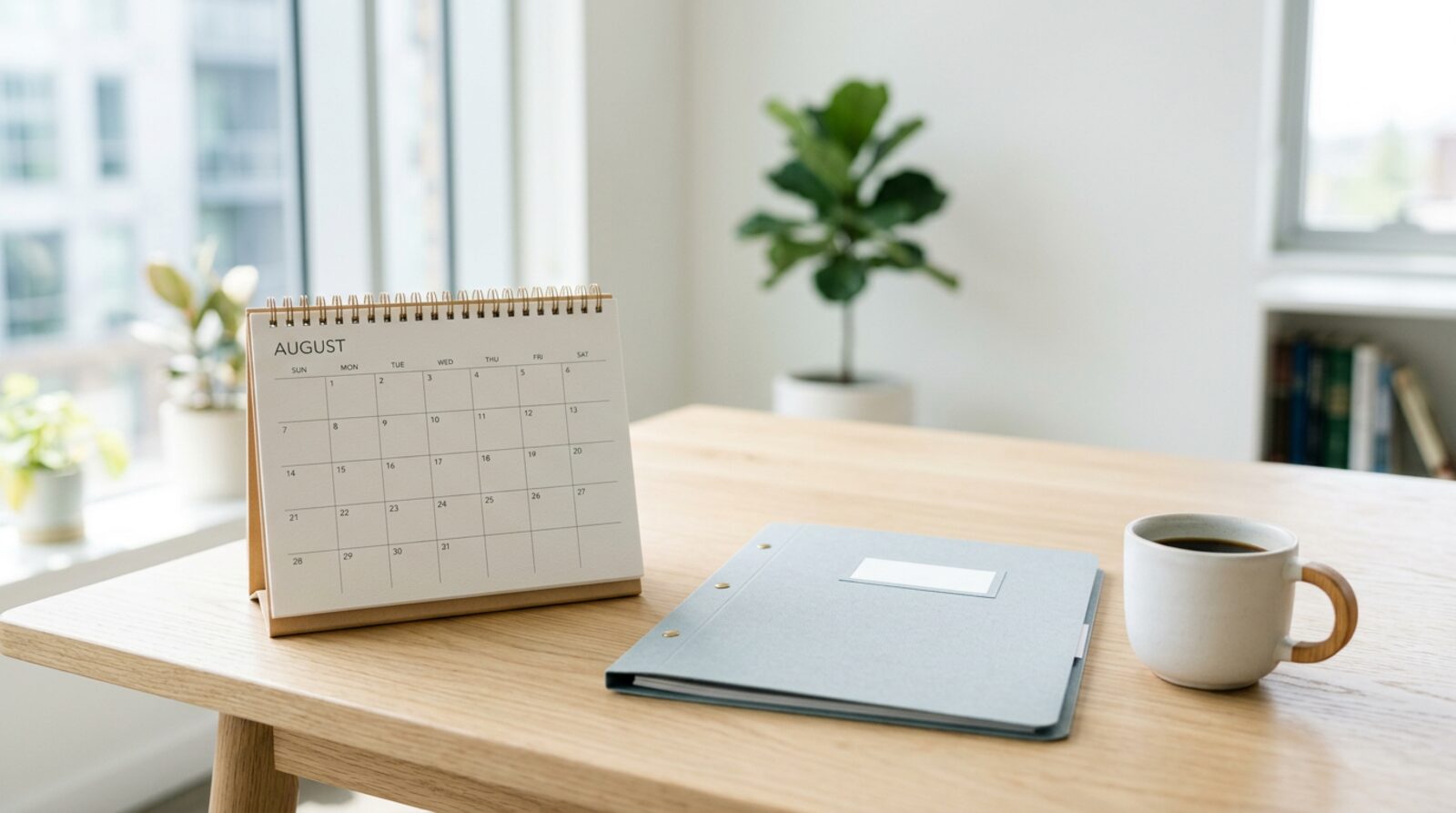 Un calendario de mesa abierto por agosto junto a una carpeta cerrada y una taza, sobre una mesa clara con luz de mañana.