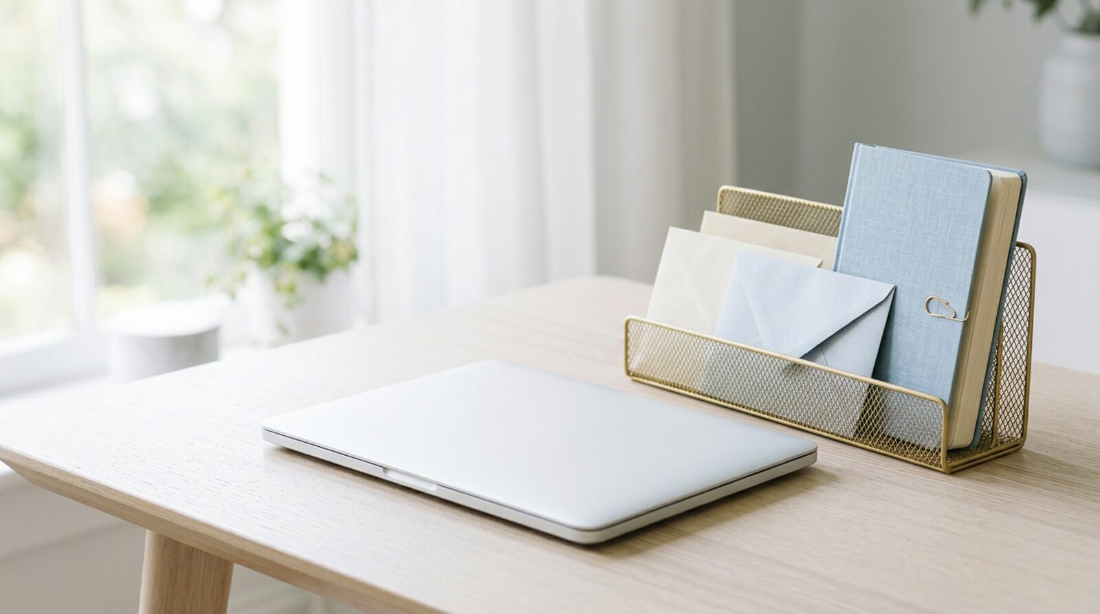 Un portátil cerrado junto a una bandeja de correspondencia y una libreta con anotaciones, en una mesa clara con luz natural.