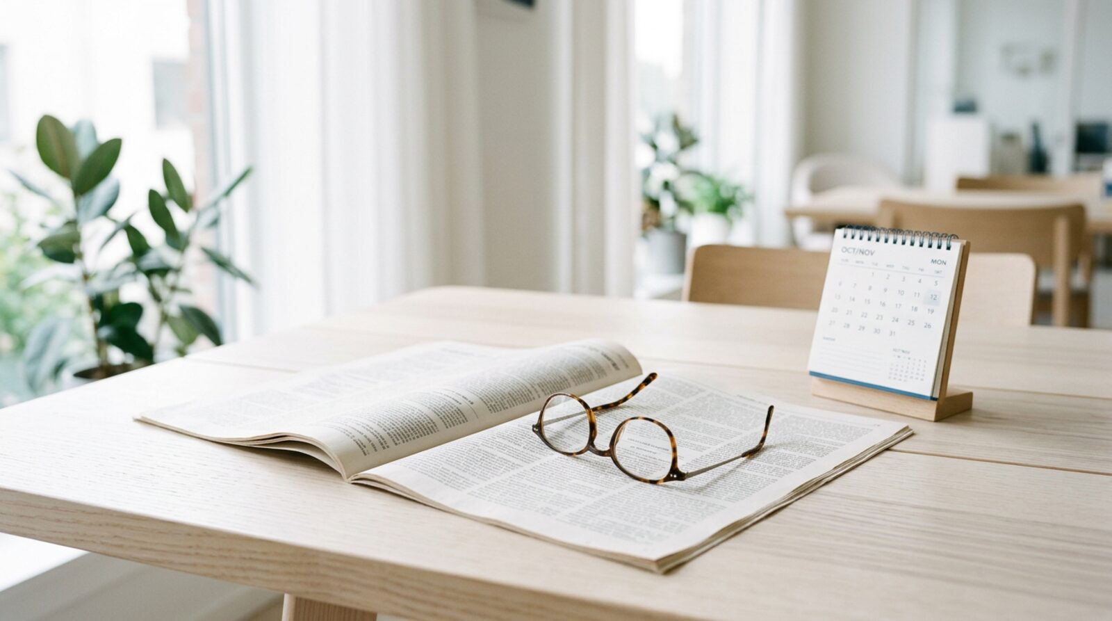 Un ejemplar del Diario Oficial impreso, unas gafas de lectura y un calendario de sobremesa sobre una mesa de madera clara junto a una ventana.