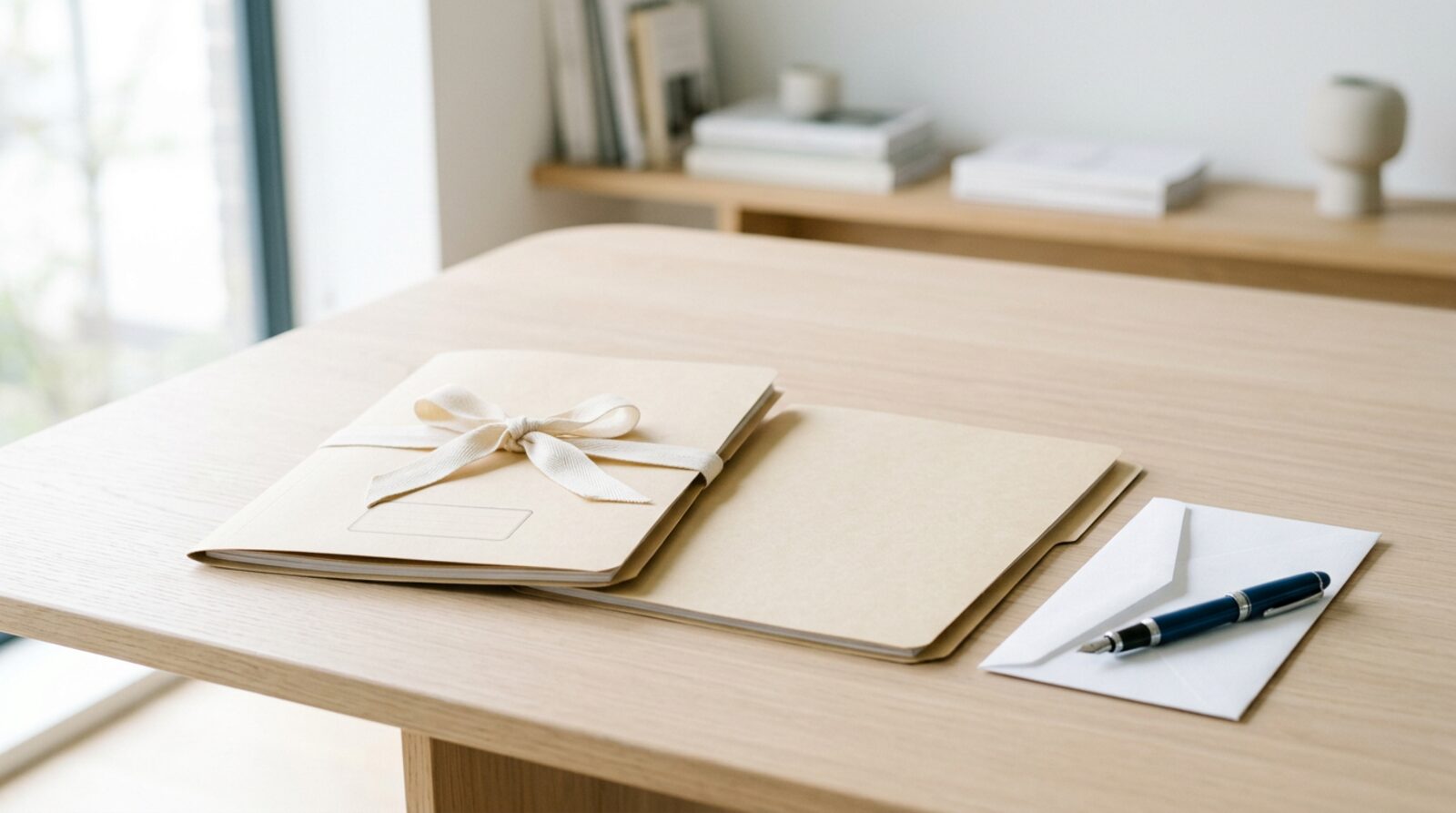 Dos carpetas de expediente sobre una mesa clara, una de ellas atada con cinta, junto a un sobre y una pluma estilográfica, con luz lateral suave.